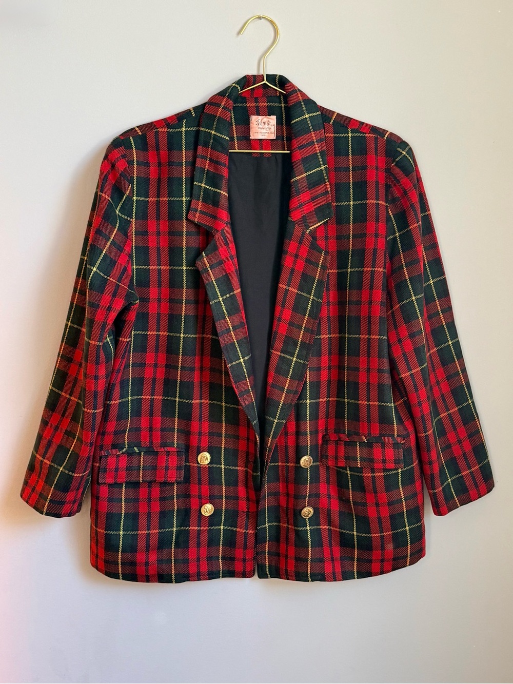 Vintage Plaid Double-Breasted Blazer Tweed Tartan Gold Buttons Academia